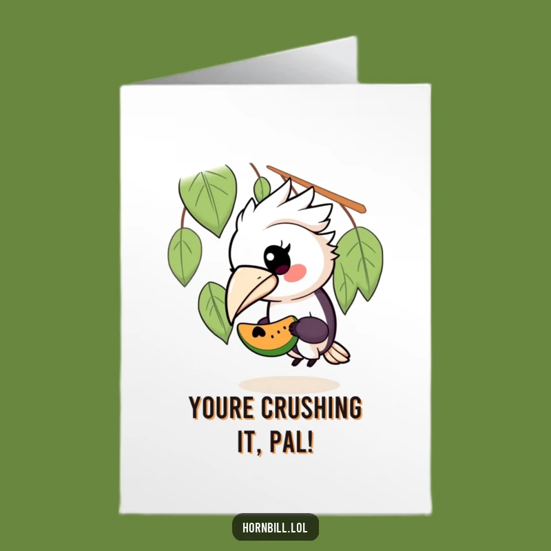 Free Printable Congrats Card: Kawaii Hornbill Celebrates With Fruit, Funny Downloadable