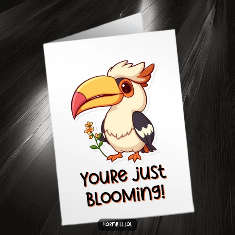 Funny Free Printable Congrats Card: Hornbill with a cheerful grin offering a small flower to celebrate.