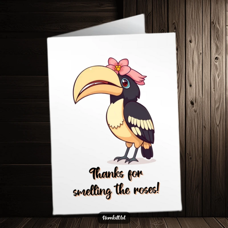 Funny Free Printable Thank You Card: A hornbill tilts its head with curiosity, a flower accenting its casque, conveying thanks.