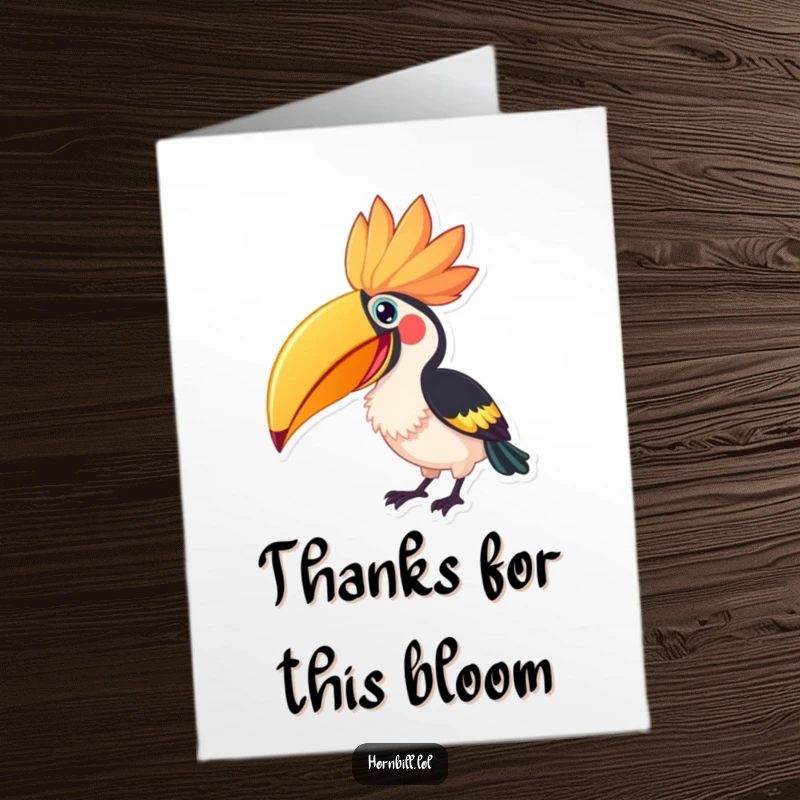 Funny Free Printable Hornbill Thank You Card, a hornbill excitedly pecking a vibrant flower, showing sincere thanks.