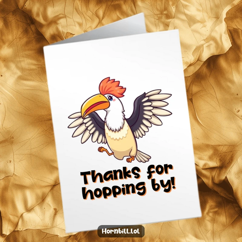 Funny Free Printable Thank You Card: A hornbill spreads its wings wide and does a happy little hop to show its thanks.