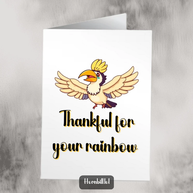 Funny Free Printable Hornbill Thank You Card, a hornbill flying through a rainbow, expressing heartfelt thanks.