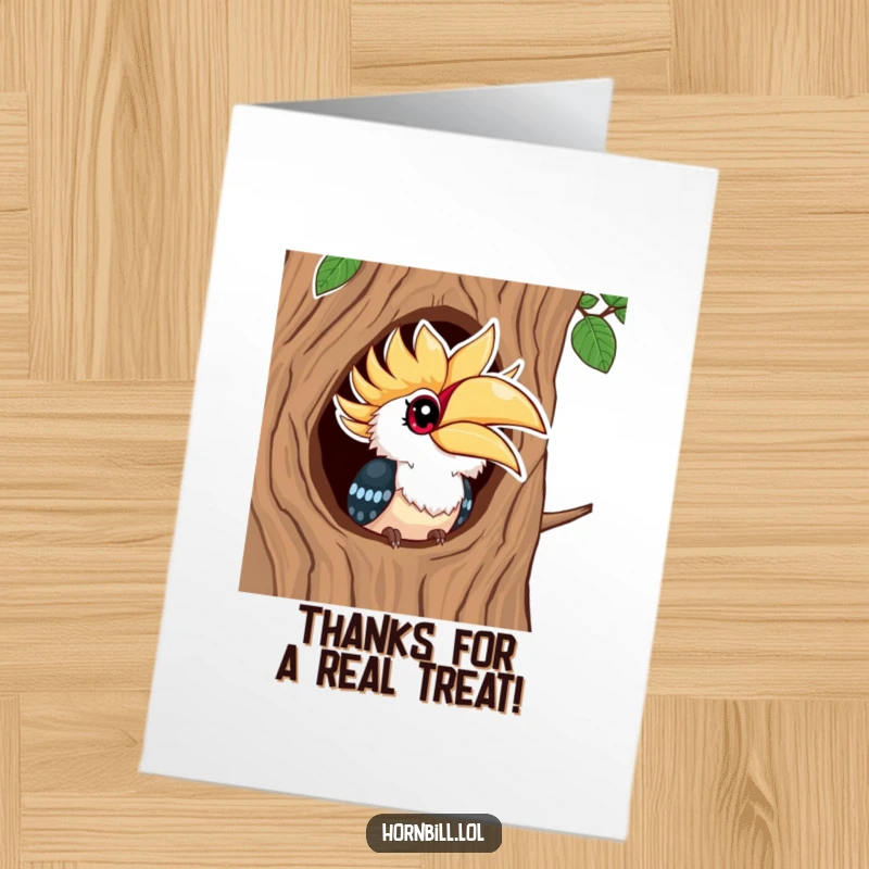 Funny Free Printable Thank You Card featuring a kawaii hornbill peeking from a tree, its bright eyes full of appreciation.