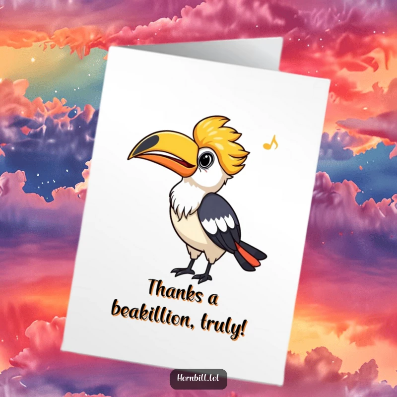 Funny Free Printable Hornbill Thank You Card: A cheerful hornbill whistles upwards, expressing thanks with a joyful beak.