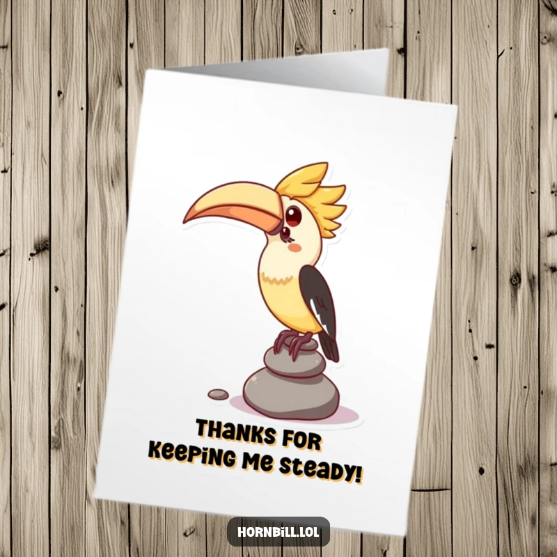 Funny free printable thank you card featuring a kawaii hornbill attempting to balance small pebbles, a unique way to say thanks.