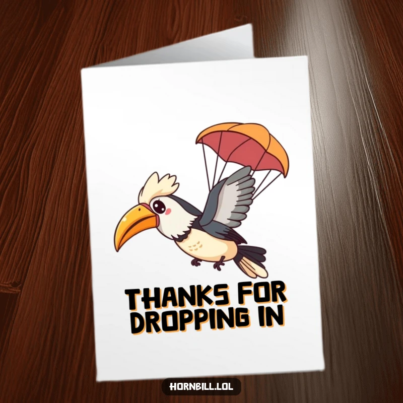 Funny Free Printable Thank You Card: A Kawaii hornbill glides happily with a leaf parachute, sending thanks from above.