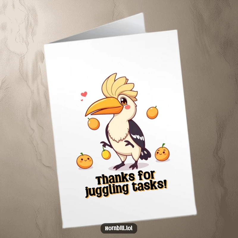Funny Free Printable Thank You Card: Playful hornbill juggling fruits, a fun and colorful way to say thank you.