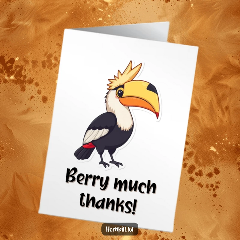 Funny Free Printable Thank You Card with a hornbill proudly holding a large, colorful berry, offering a sweet token of thanks.