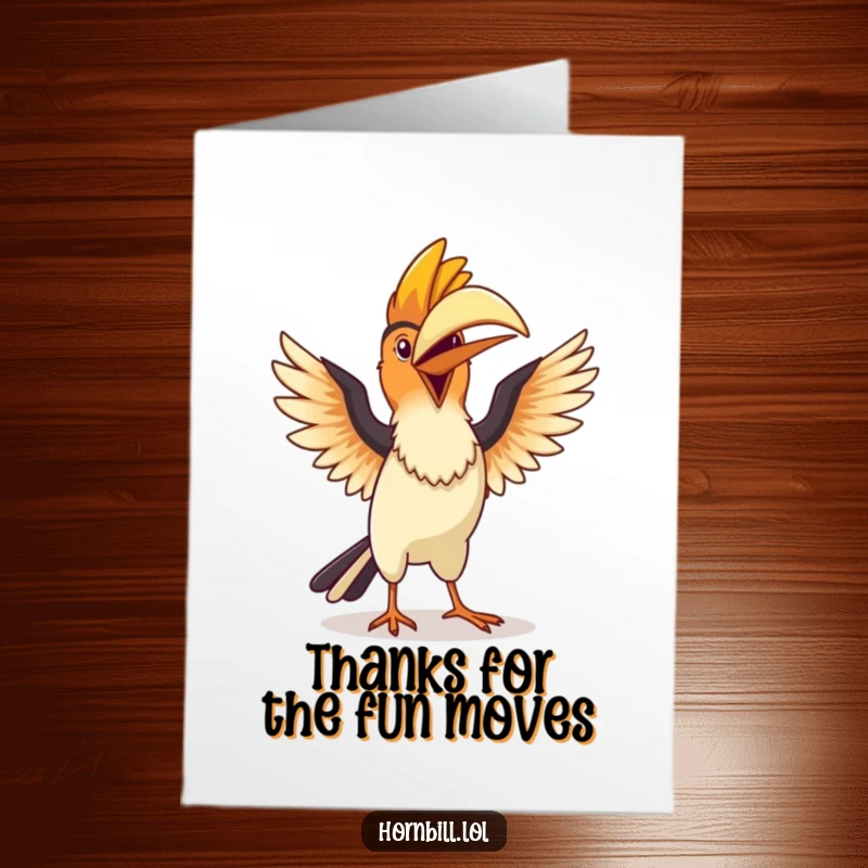 Funny Free Printable Thank You Card featuring a kawaii hornbill doing a silly dance with its wings fluffed, a joyful way to say thanks.