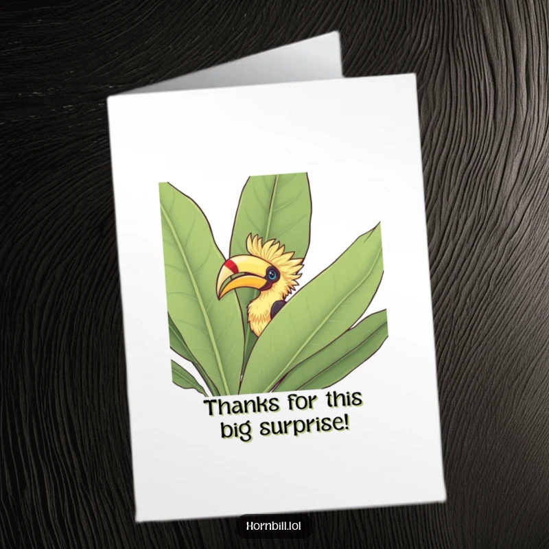 Funny Free Printable Thank You Card: Hornbill peeking its head out from behind a large leafy bush, expressing thanks.