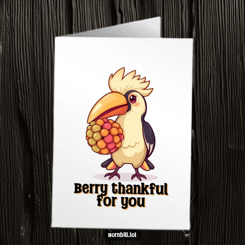 Funny Free Printable Thank You Card: A proud kawaii hornbill holding a large, colorful berry, saying thanks.