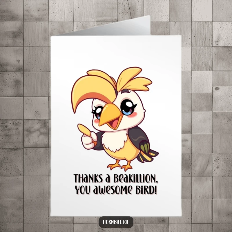 Funny Free Printable Thank You Card: A kawaii hornbill with super happy eyes points with its beak, expressing thanks with a giggle.