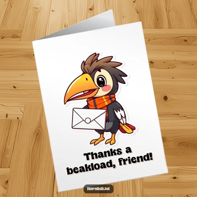 Funny Free Printable Hornbill Thank You Card, a hornbill with a scarf delivering a message of thanks happily.