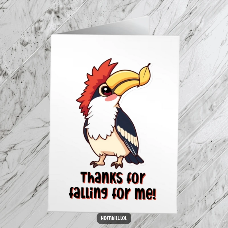 Free Printable Thank You Card: Hornbill with bright eyes curiously watches a falling leaf, a sweet gesture of thanks.