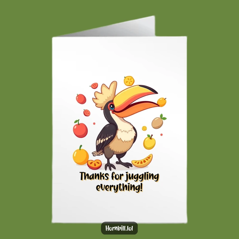 Free Printable Thank You Card: Hornbill Juggling Fruits for Expressing Gratitude