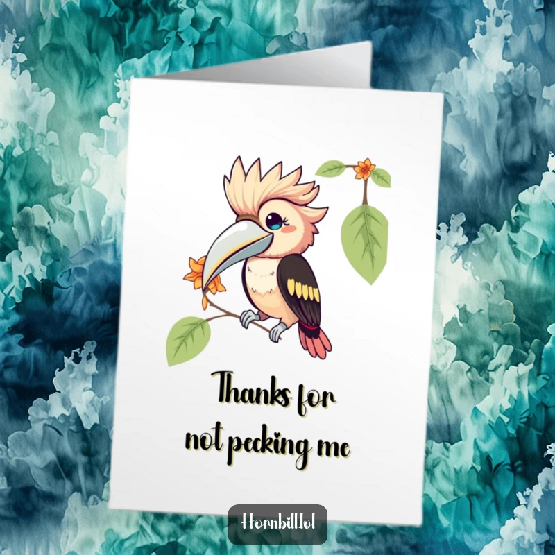 Funny Free Printable Thank You Card with a kawaii hornbill mid-peck on a flower petal, conveying thanks.
