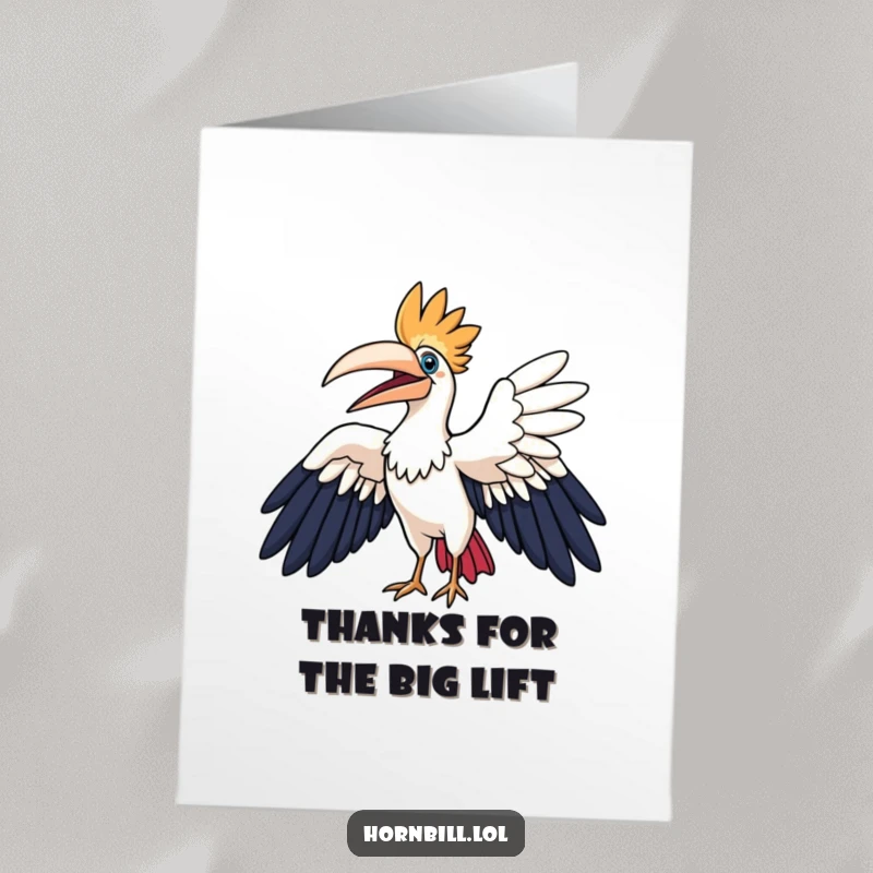 Funny free printable thank you card featuring a hornbill character happily flapping large wings in a wide arc, conveying heartfelt thanks.