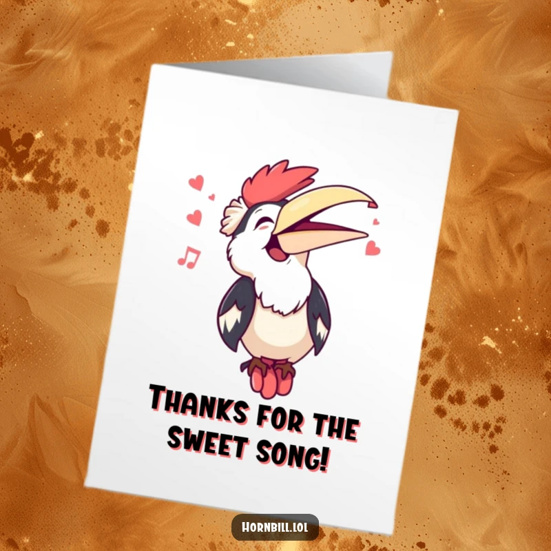 Free Printable Thank You Card: Kawaii hornbill singing happily with an open beak, a musical offering of thanks.