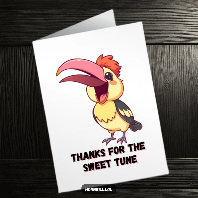 Funny Free Printable Thank You Card: A cute hornbill with beak open, singing a cheerful song to say thanks with humor.