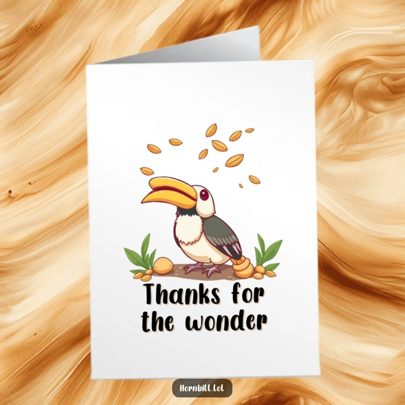 Funny Free Printable Thank You Card: Small hornbill looking up with wonder at flying seeds, expressing quiet gratitude.