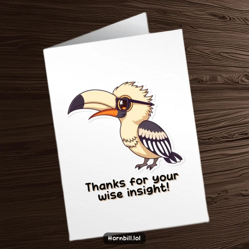 Funny Free Printable Thank You Card: A hornbill wearing reading glasses, diligently studying a large feather, conveying thanks.