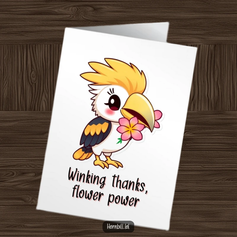 Funny Free Printable Hornbill Thank You Card: A hornbill winks playfully, holding a bright flower to express thanks.