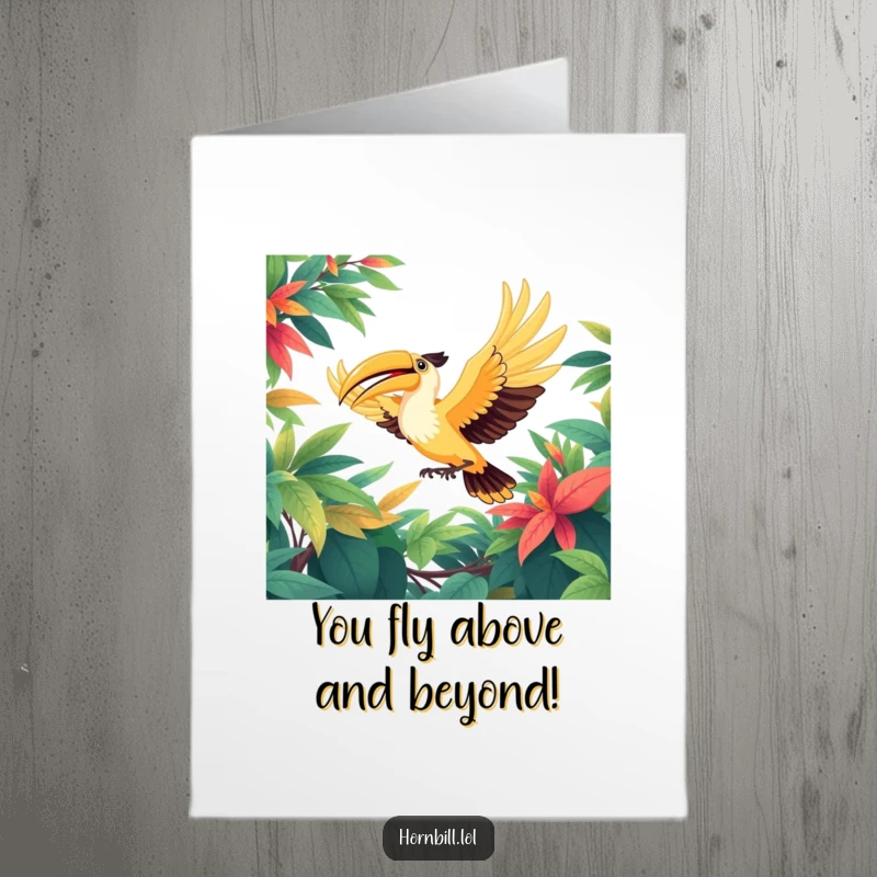 Funny Free Printable Thank You Card: A happy hornbill soaring through a vibrant jungle canopy, wings spread wide to express heartfelt gratitude.