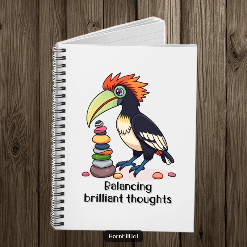 Funny notebook with a cover illustration of a cute hornbill bird balancing a colorful stack of pebbles on its beak, ideal for notes.