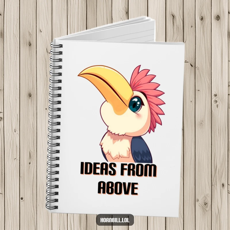 Funny happy hornbill with wide, curious eyes gazing at the sky, perfect for a notebook that holds bright ideas.