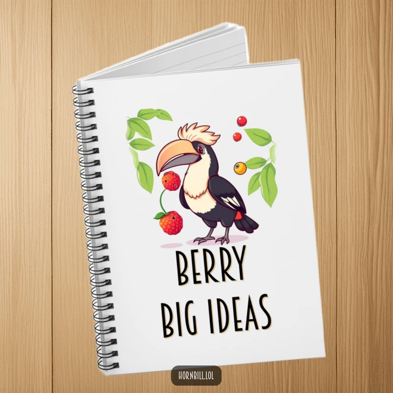 Funny hornbill notebook cover depicting a delightful bird juggling colorful berries, perfect for creative writing and brainstorming sessions.