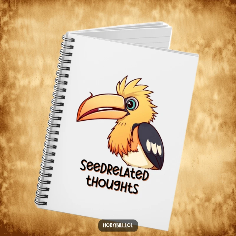 Funny Notebook: Cover features a curious hornbill bird intently peering at a seed, perfect for capturing thoughts.