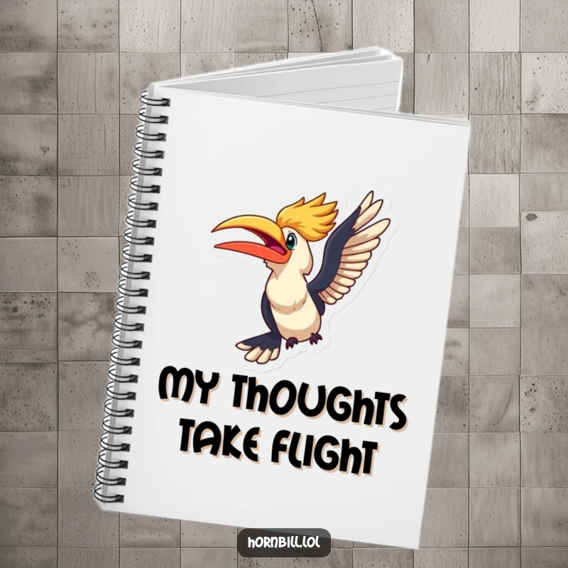 Funny kawaii hornbill looking excited, about to take flight, depicted on the cover of a notebook.