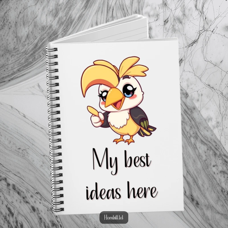 Funny kawaii hornbill notebook featuring a cheerful bird pointing with its beak, perfect for jotting down notes humorously.