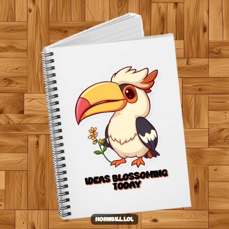 Funny notebook cover with a cheerful Hornbill bird offering a flower with a grin, inspiring happy thoughts and creative writing.