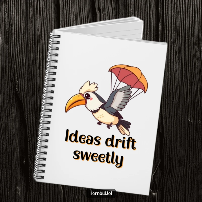 Funny Kawaii Hornbill Notebook cover with a happy bird gliding through the air with a tiny leaf parachute, inspiring journeys.