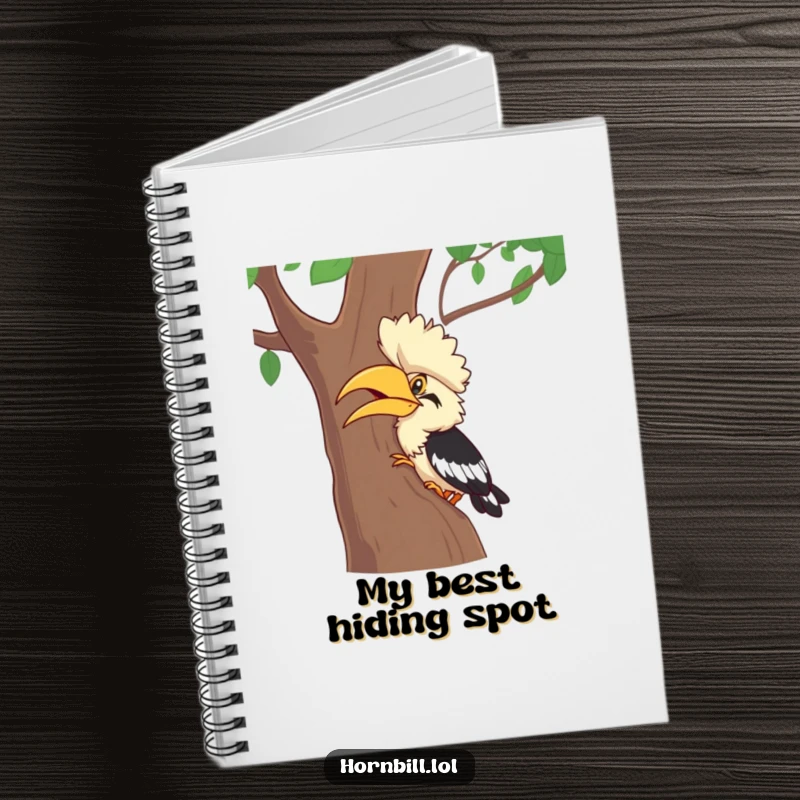 Funny Hornbill Notebook: A cheerful hornbill character giggling during hide-and-seek behind a tree, ideal for a funny gift.