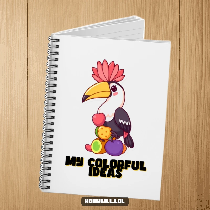 Funny hornbill notebook, a kawaii bird balancing fruits, ideal for jotting down notes and colorful ideas.