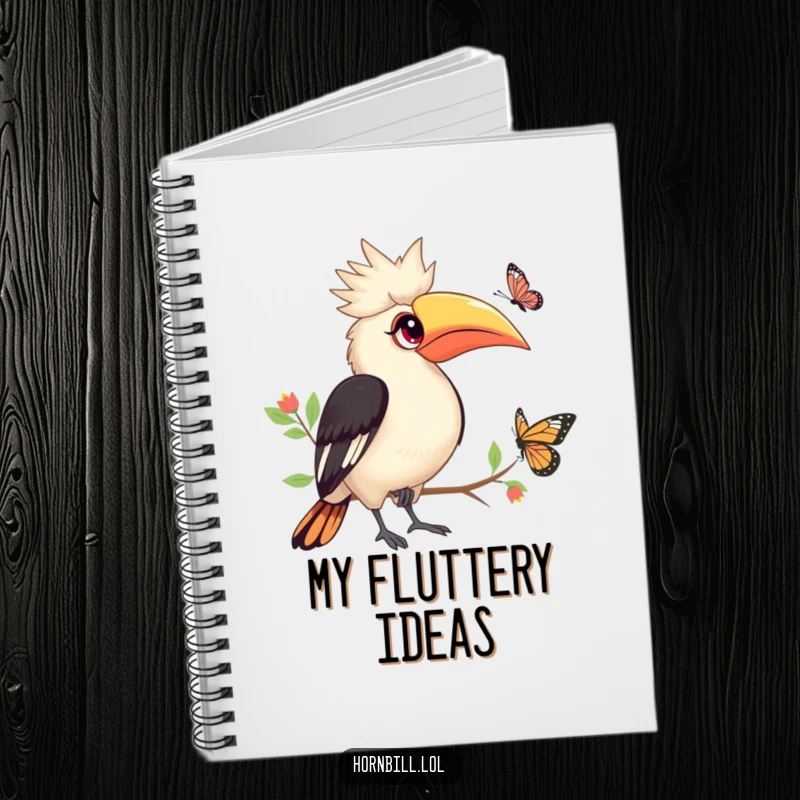 Funny Hornbill Notebook: Hornbill with bright eyes watching butterfly, cute and functional, funny journal, funny gift.