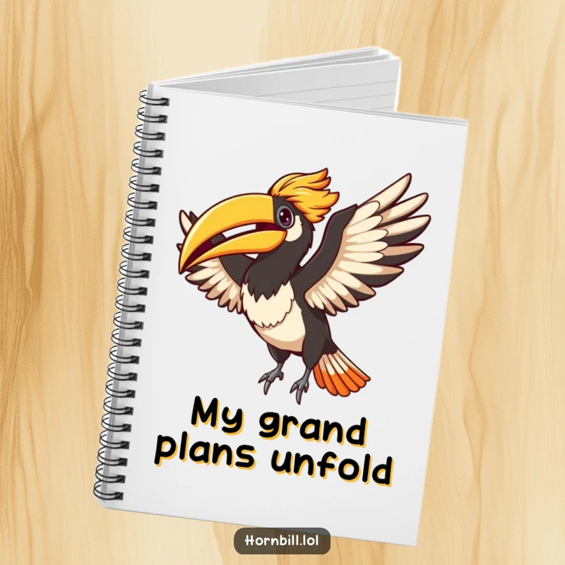 Funny Adorable hornbill flapping its wings with pure delight, gracing the cover of a notebook for inspired writing.