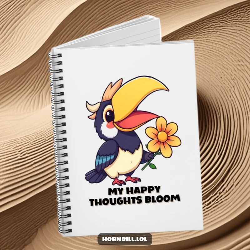 Funny Kawaii Hornbill Notebook cover with a smiling bird offering a colorful flower, inspiring creativity.