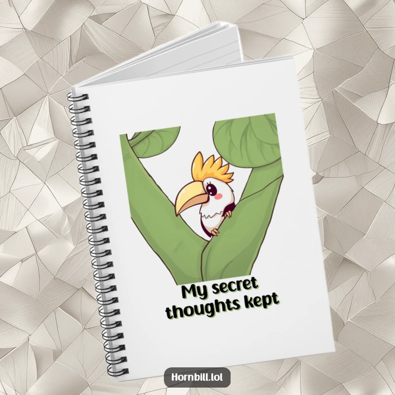 Funny Kawaii Hornbill Notebook cover with a curious bird peeking from behind a leafy branch, inspiring creativity.