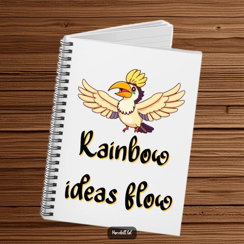 Funny Hornbill Rainbow Flyer Notebook, featuring a joyful hornbill flying through a rainbow, perfect for note-taking.