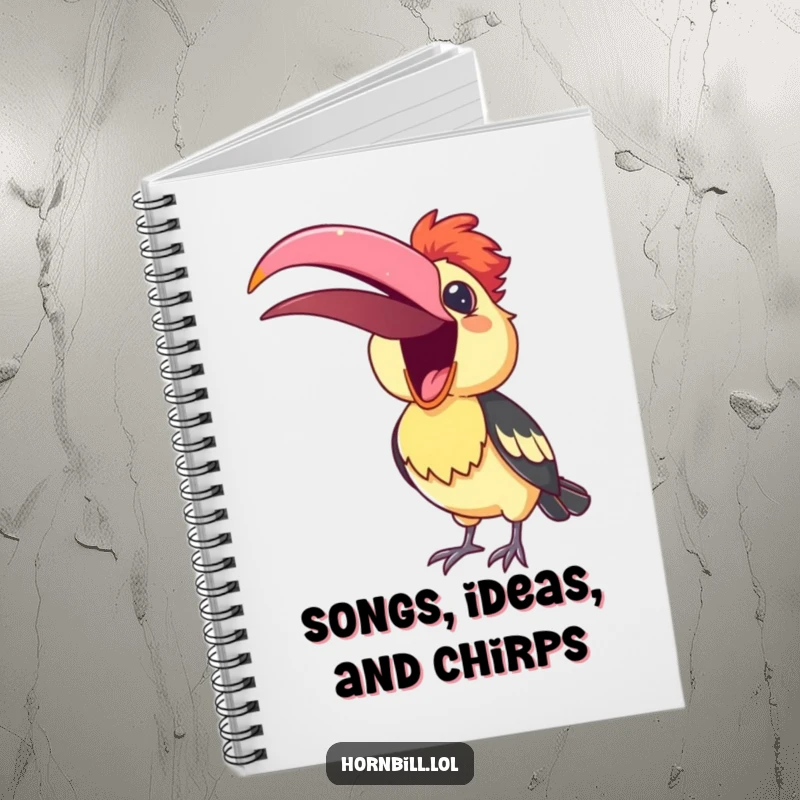 Funny Notebook with a cute hornbill singing a cheerful song, ready to inspire your notes and doodles.