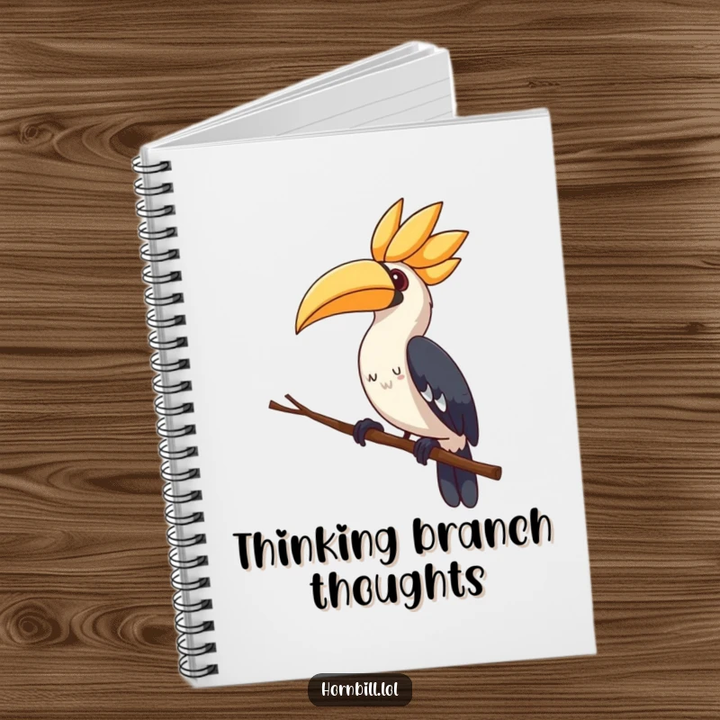 Cute hornbill notebook, perched on a thin branch, tilting its head curiously, ideal for funny note-taking.