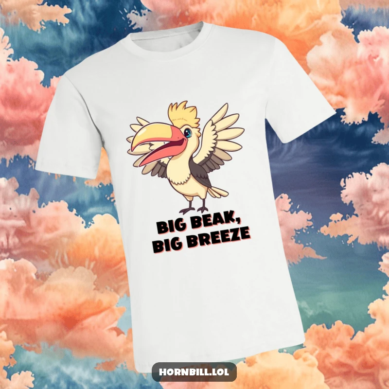 Funny Fanning Hornbill T-Shirt: an adorable bird humorously fanning its large beak, creating a comical and eye-catching design.