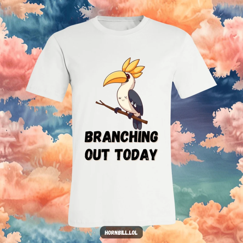 Cute hornbill t-shirt, artfully perched on a branch, tilting its head with curious expression, adorably charming.