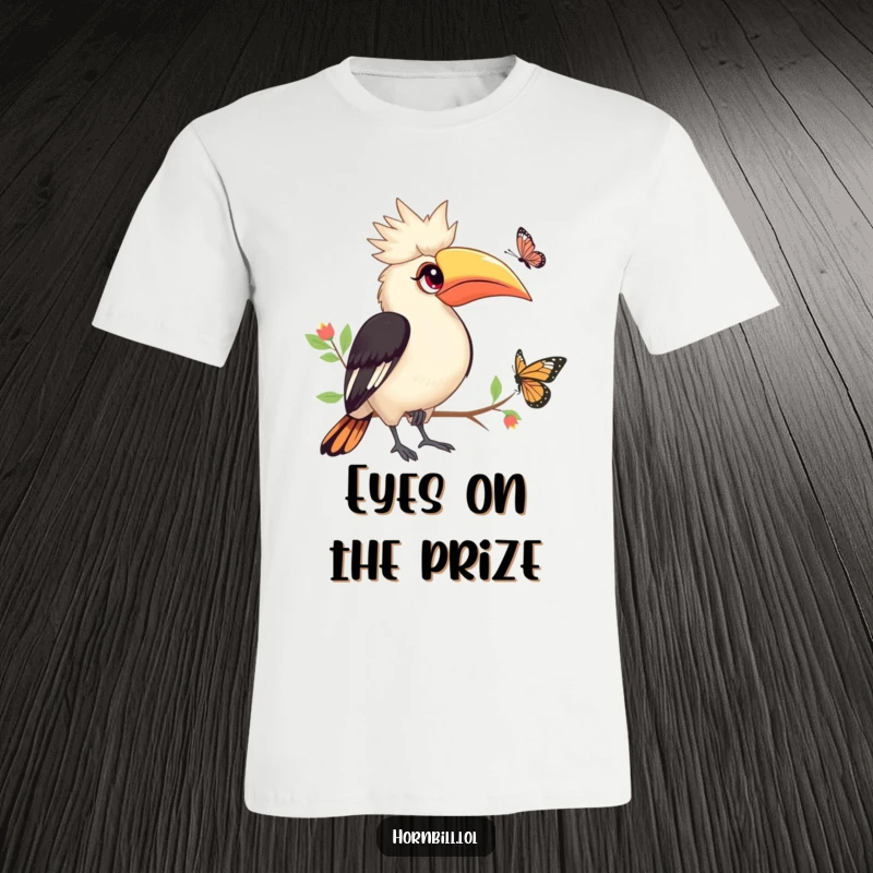 Funny Hornbill T-Shirt: Cute hornbill with bright eyes observing a butterfly, enchanted and funny, great gift.