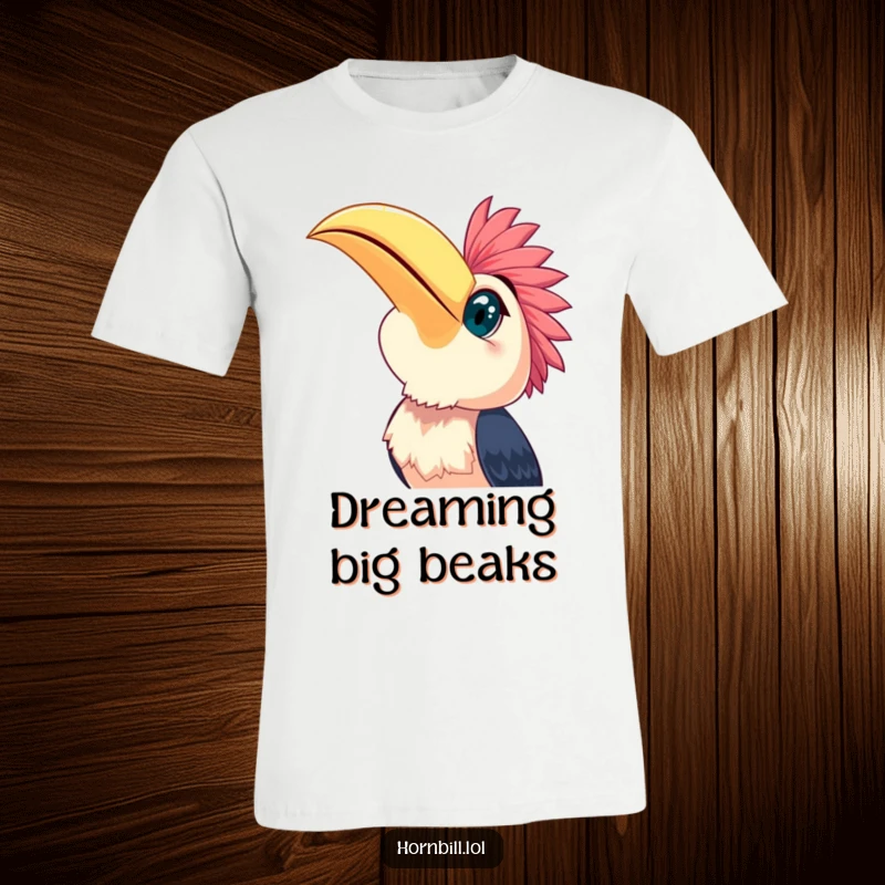 Funny happy hornbill gazing upwards at the sky with bright, curious eyes, depicted on a cheerful t-shirt.