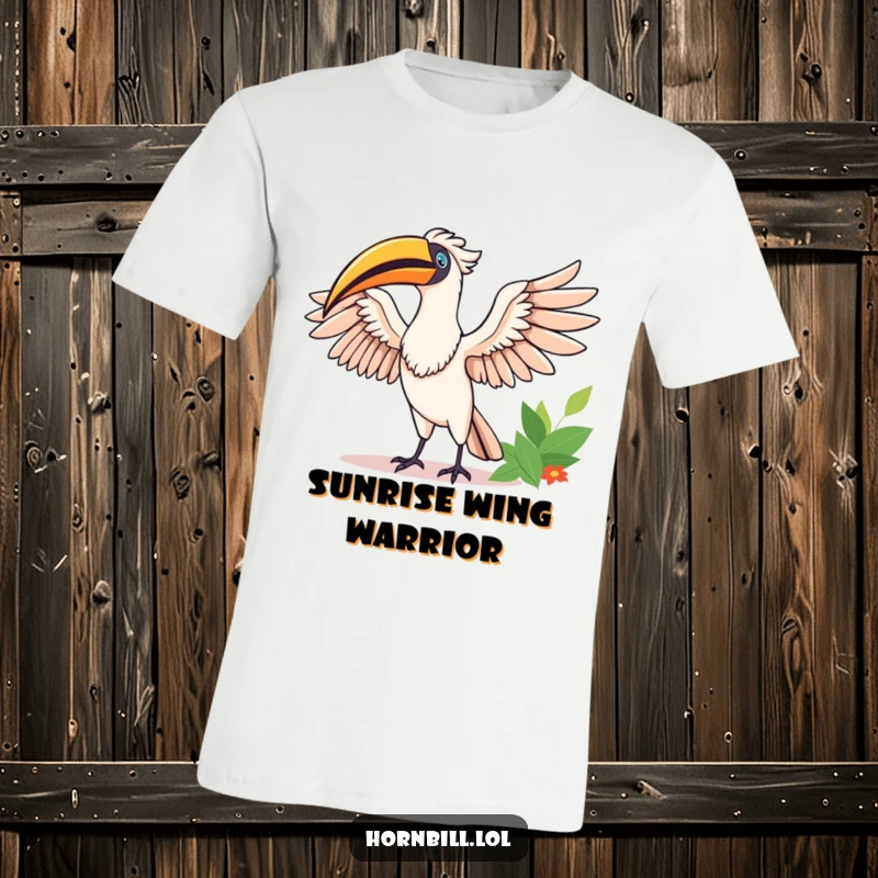 Funny Happy Hornbill T-Shirt: A cheerful hornbill expands its wings in the sunrise, symbolizing freedom and infectious joy.