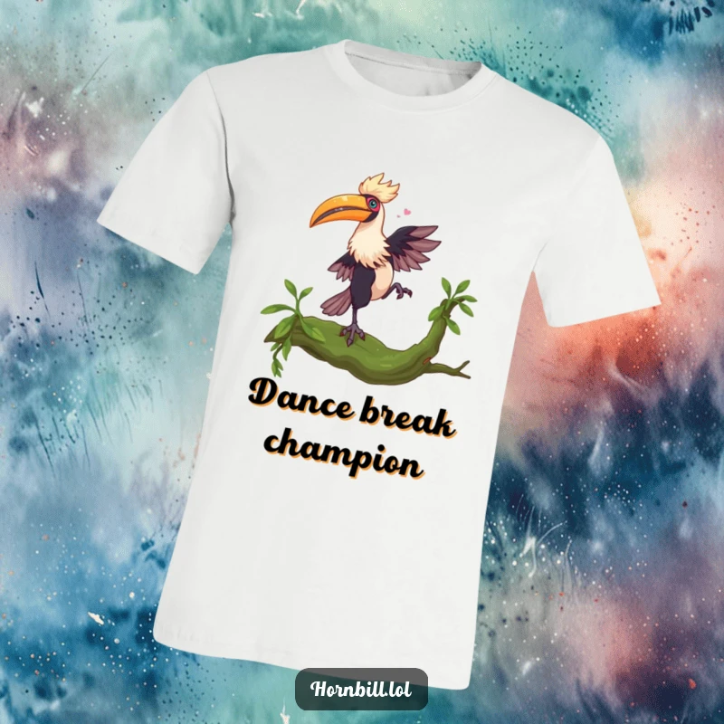 Funny Hornbill Dance T-Shirt: A hornbill energetically dances on a mossy branch, showcasing delightful movement and humor.
